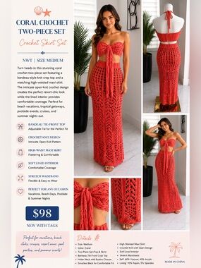 Coral Crochet Two-Piece Set - Bandeau Tie Front Maxi